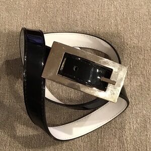 Black Patent Leather Belt with Silver Buckle